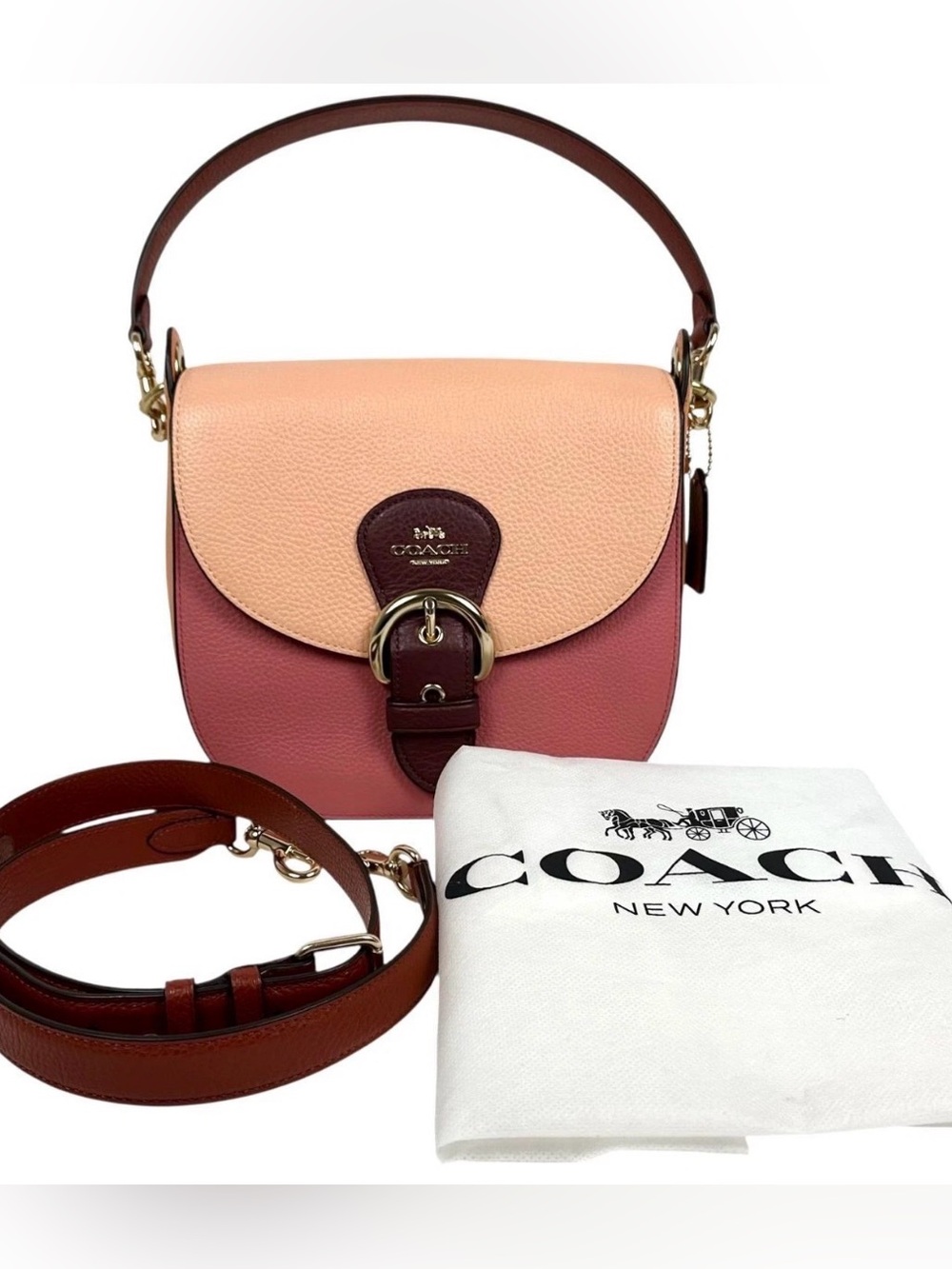 Coach Pebbled Leather Colorblock Saddle Bag in Pink and Blush